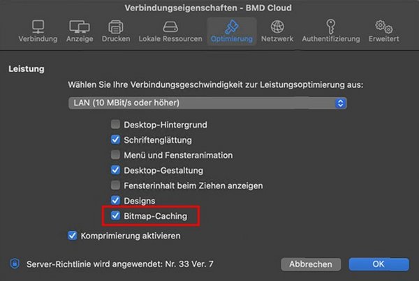 Screenshot der Verbindungseigenschaften und des Reiters "Optimierung" und der Checkbox "Bitmap-Caching" im Parallels Client. 
