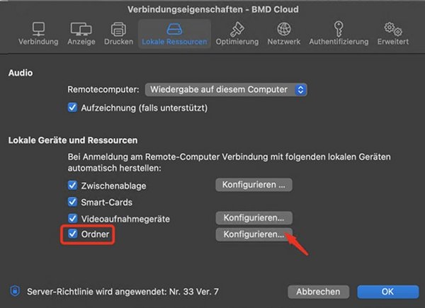 Screenshot der Verbindungseigenschaften und des Reiters "Lokale Ressourcen" und der Option den entsprechenden Ordner hinzuzufügen im Parallels Client. 