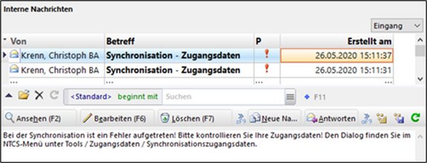 Zu sehen ist ein Screenshot Interner Nachrichten bei dem falsche Synchronisationszugangsdaten verschickt wurden