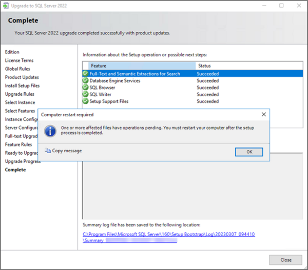 Screenshot showing that the upgrade is complete and that a restart is required