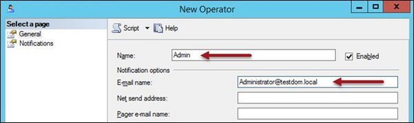 Screenshot of the "New Operator" window; arrows point to "Name" and "Email name".