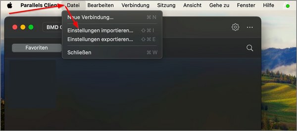 Screenshot der Option "Einstellungen importieren" im Parallels Client.
