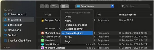 Gruppierungsmöglichkeiten im Bereich "Programme" mit Hervorhebung von "Hinzugefügt am"