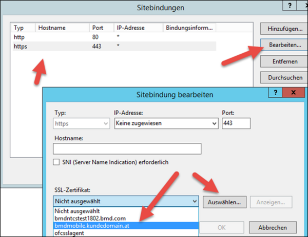 Screenshot of the "Edit Site Bindings" window under "Site Bindings"