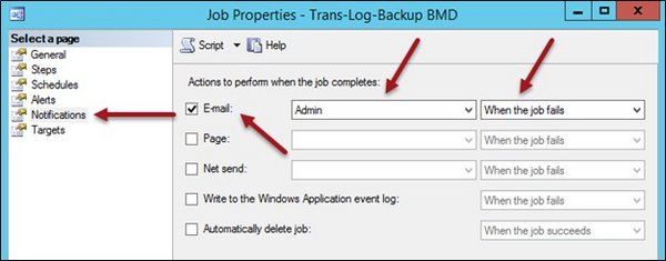 Screenshot of the "Job Properties – Trans Log Backup BMD" window with the necessary settings