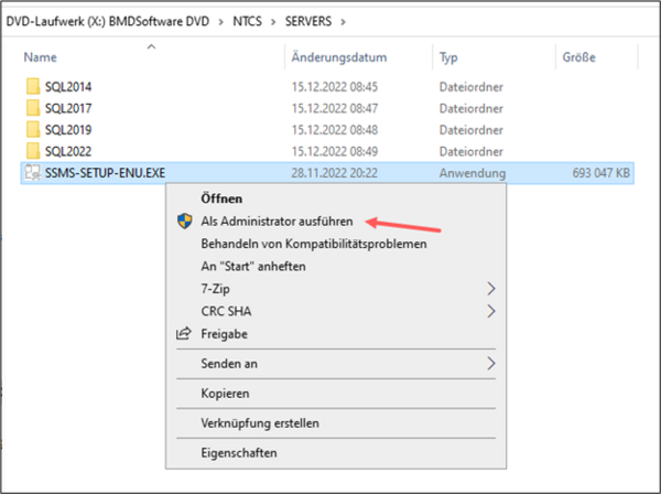 Screenshot of the SSMS-SETUP-ENU.exe context menu; an arrow points to "Run as administrator".