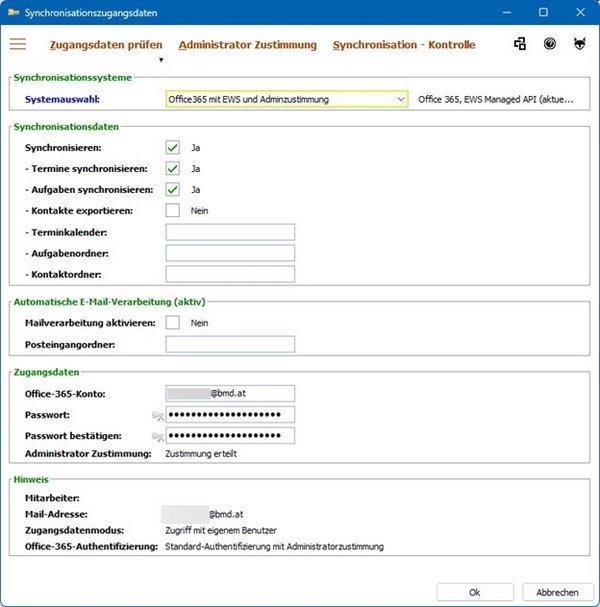 Zu sehen ist ein Screenshot der Synchronisationszugangsdaten