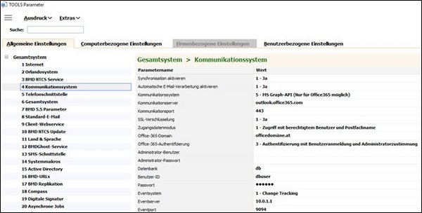 Screenshot der TOOLS Parameter und Auswahl der Einstellungen für das Kommunikationssystem
