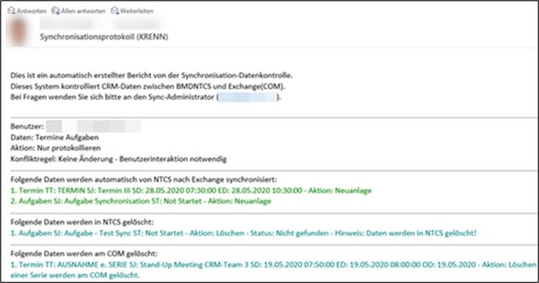Abbildung einer E-Mail mit einem detaillierten Protokoll