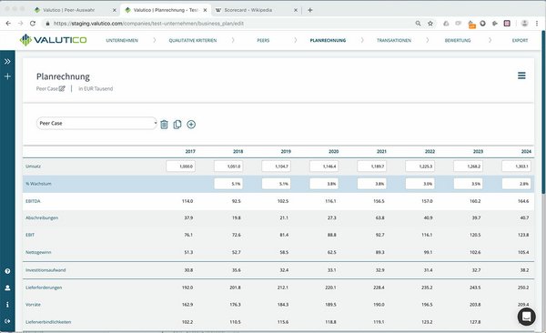 Zur Erstellung der der Bewertung zugrunde liegenden Planrechnung bietet Valutico verschiedene Alternativen: Eine einfache Online-Maske, ein integriertes Excel-basiertes Planungsmodell von Valutico oder aber auch den Upload eigener Planungsmodelle als Excel bzw. CSV.