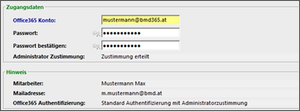 Hinterlegung der Microsoft-365-Zugangsdaten im Parameter