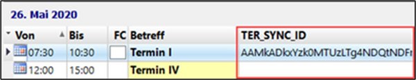Der Screenshot zeigt insbesondere die Sync-ID, die nach erfolgreicher Synchronisation vergeben wird, in einer kleinen Tabelle.