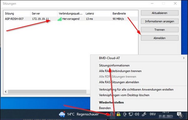 Screenshot Sitzung außerhalb der BMD Cloud-Sitzung abmelden über die Taskleiste des Windows-Clients.