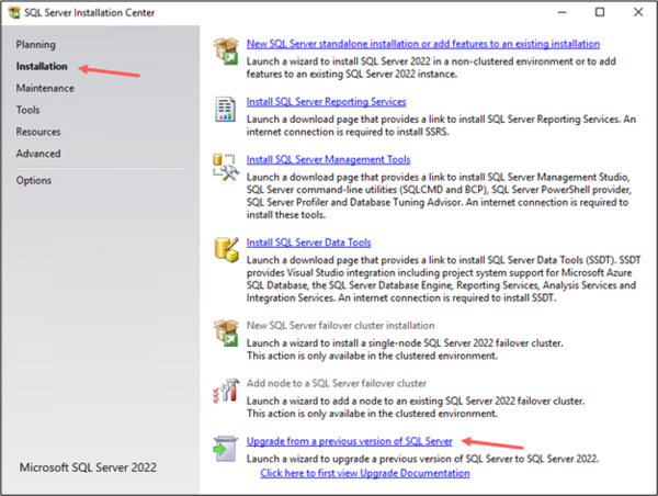Screenshot of the SQL Server Installation Center; arrows point to "Installation" and "Upgrade from a previous version of SQL Server".