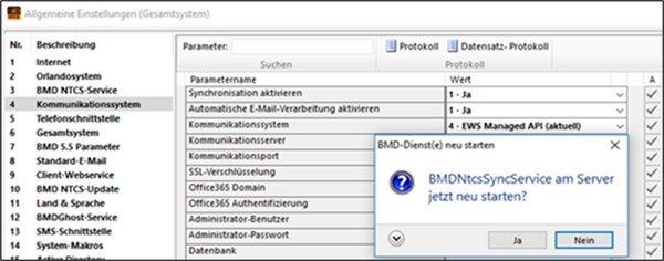 Das Bild zeigt den Screenshot des Allgemeinen Einstellungsfensters bei dem das Fenster aufpoppt ob der BMDNTCSyncService am Server jetzt neu starten soll