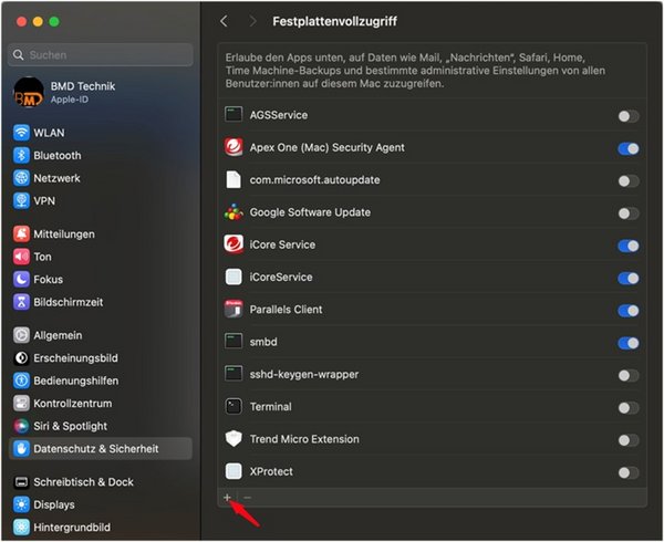 Bereich "Datenschutz & Sicherheit" mit Pfeil auf "+" bei "Festplattenvollzugriff"