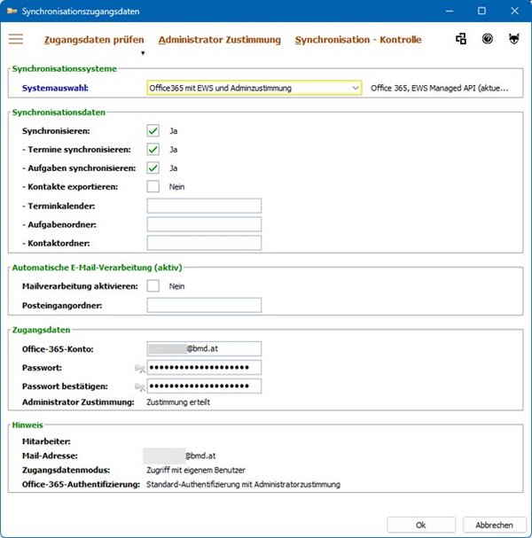 Der Screenshot zeigt das Fenster, in dem die Synchronisationszugangsdaten hinterlegt werden können.