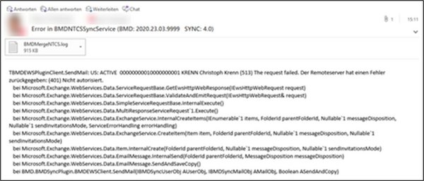 Das Bild zeigt eine E-Mail mit Informationen aus dem Fehlerprotokoll und dem BMDMergeNTCS.log im Anhang. 