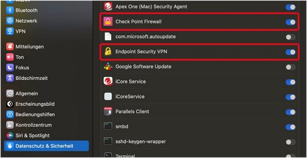 Aktivierung von "Check Point Firewall" und "Endpoint Security VPN" im Bereich "Datenschutz & Sicherheit"