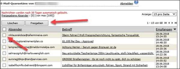 Screenshot der „E-Mail-Quarantäne“ und der Möglichkeit gefilterte E-Mails anzuwählen und anschließend freizugeben.