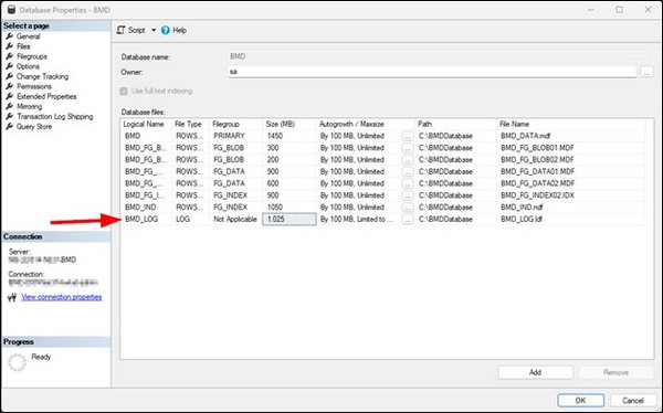 Screenshot_Database Properties BMD Log