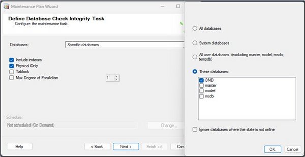 Screenshot of the "Define Database Check Integrity Task" step with the BMD database selected