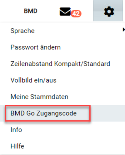 Screenshot BMD Com mit Kennzeichnung des Buttons "BMD Go Zugangscode"