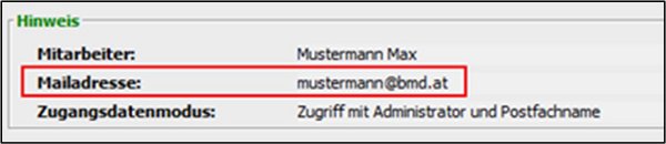 Hinweis-Fenster mit roter Markierung der Mailadresse