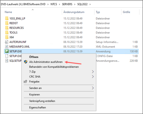 Screenshot of the Explorer; an arrow points to "Run as administrator" in the SETUP.EXE context menu.