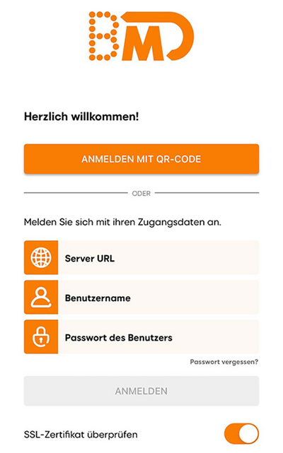 Anmeldeoberfläche in der App BMD Go mit verschiedenen Möglichkeiten zur Anmeldung.