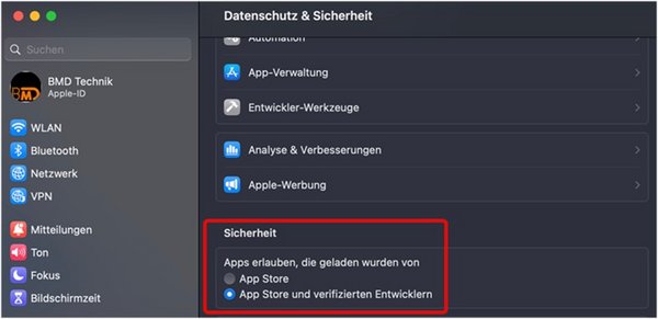 Screenshot der Einstellungen zu Datenschutz & Sicherheit - Fokus auf den Teil Sicherheit "App Store und verifizierten Entwicklern".