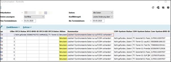 Der Screenshot zeigt das Fenster zur manuellen Datenkontrolle mit detaillierten Informationen in Form einer Tabelle.