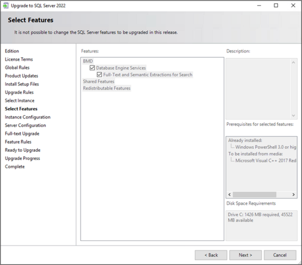 Screenshot of the step "Select Features"; the button "Next" is available.