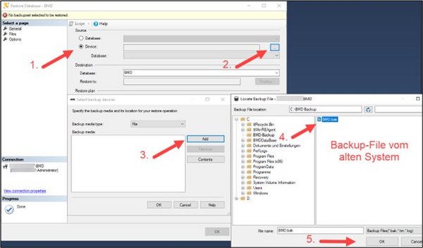 Screenshot of the "Restore Database" window with the required settings
