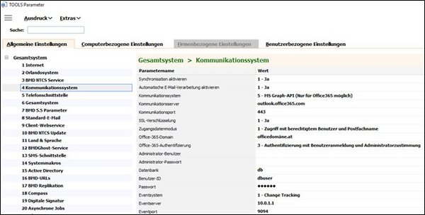 Man sieht einen Screenshot der Tools Parameter, bei dem das Wort Kommunikationssystem markiert ist