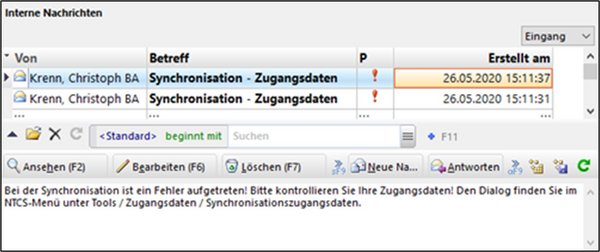 Screenshot einer internen Nachricht im Fall von falschen Synchronisationszugangsdaten