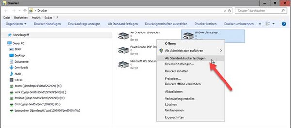 Screenshot des gewünschten Druckers mit der Option "Als Standarddrucker festlegen".