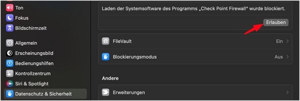 Optionen im Bereich "Datenschutz & Sicherheit" mit Pfeil auf "Erlauben"
