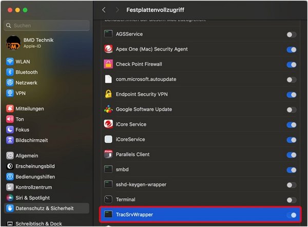 Bereich "Datenschutz & Sicherheit": Festplattenvollzugriff für "TrackSrvWrapper" aktiviert