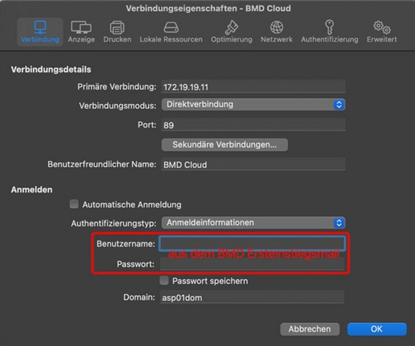 Screenshot der Verbindungseigenschaften mit der Option sich anzumelden mit dem Benutzernamen (aus dem Ersteinstiegsmail) und Passwort.