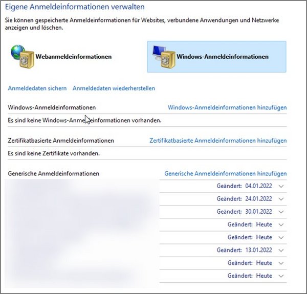 Screenshot der Prüfung der lokal gespeicherte Anmeldedaten des eigenen Rechners.