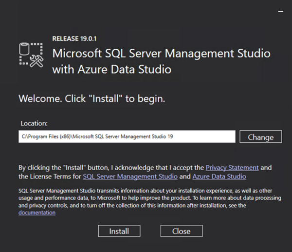 Screenshot regarding the installation of the current SQL Management Studio