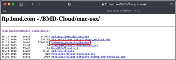 Screenshot eines Browserfensters des FTP-Servers