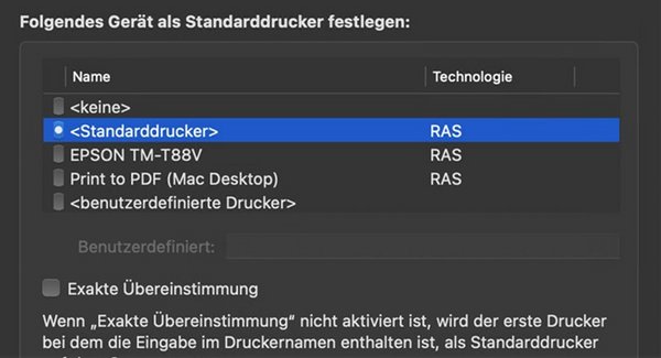 Screenshot der Einstellungen des Standarddruckers und die Option diesen festzulegen.