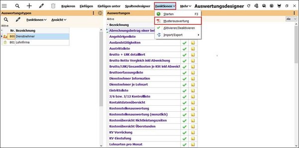 Das Bild zeigt den Aufruf der Musterauswertung.