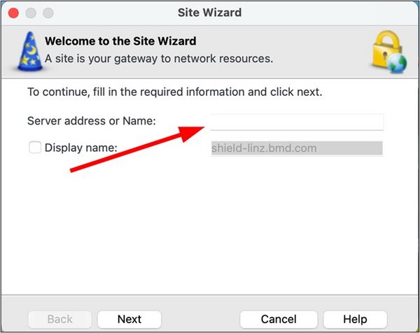 Site Wizard mit Pfeil auf "Server address or Name"