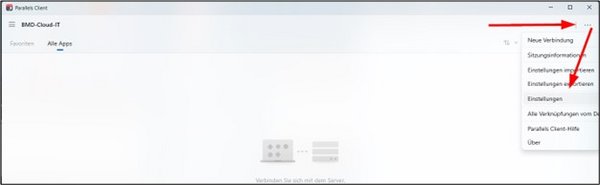 Screenshot der Einstellungen ab Parallels Version 19.3.1. Roter Pfeil zeigt auf das Menü (drei Punkte) und dann auf "Einstellungen".