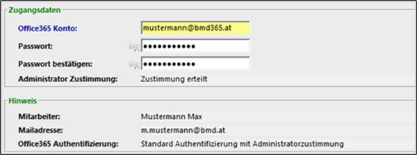 Zu sehen ist ein Screenshot vom Eingabefenster der Zugangsdaten sowie des Hinweises der Standardauthentifizierung mit Administratorzustimmung
