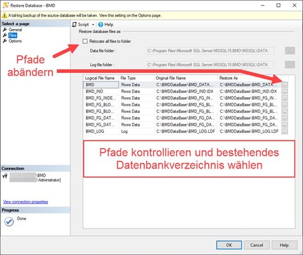 Screenshot of the “Restore Database” window; arrows point to "Relocate all files to folder" (disabled) and the ellipsis button
