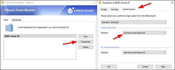 Screenshot der Möglichkeit die Authentifizierungsmethode zu ändern. Die Pfeile zeigen auf "Properties", "Authentication" und "Username and Password".
